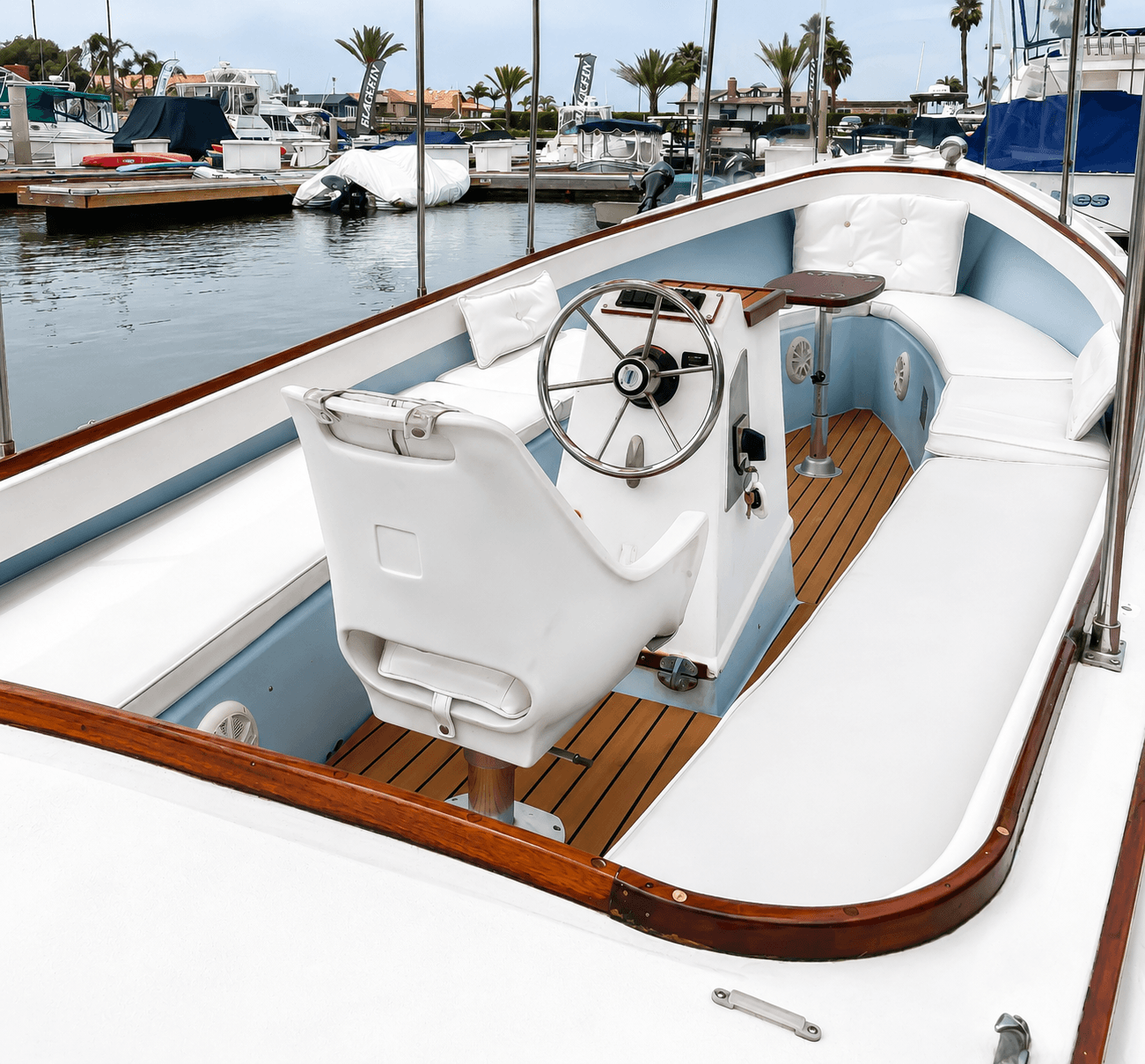 Luxury Duffy boat restoration in Newport Harbor