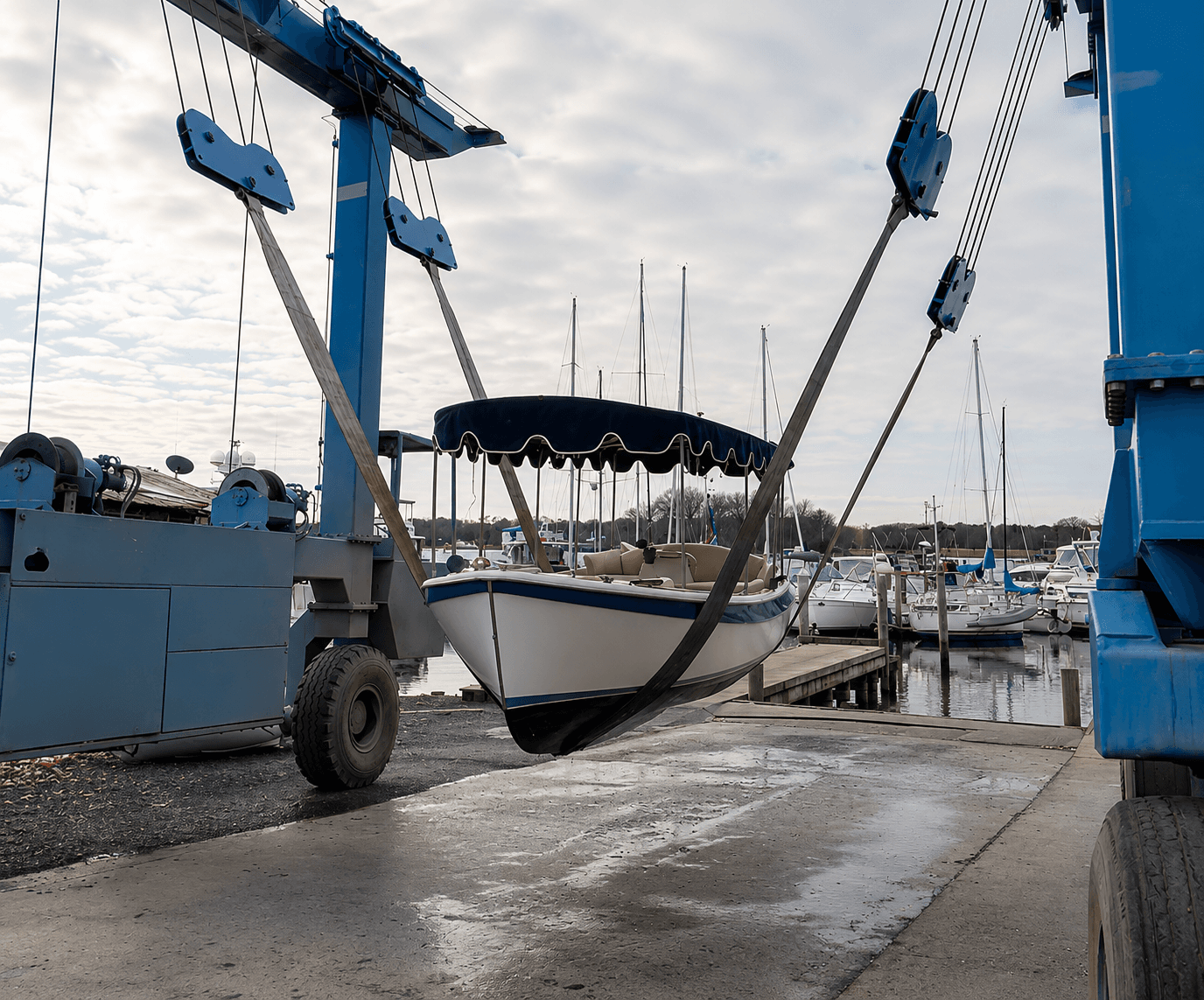 Duffy boat haulout bottom paint prep — EBR marine yard service