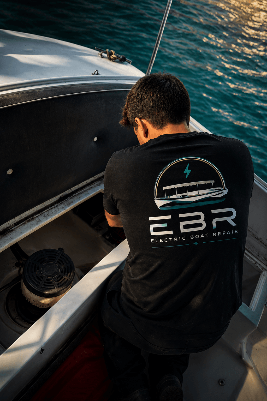 EBR technician servicing electric drive systems on a Duffy boat