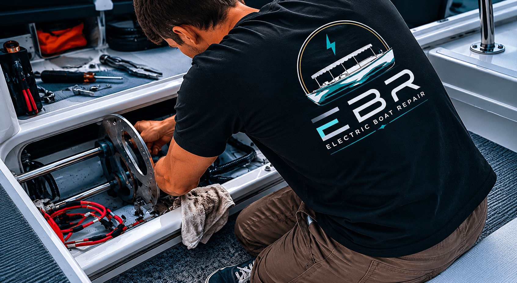 EBR technician servicing electric drive motor and propulsion systems on Duffy boat