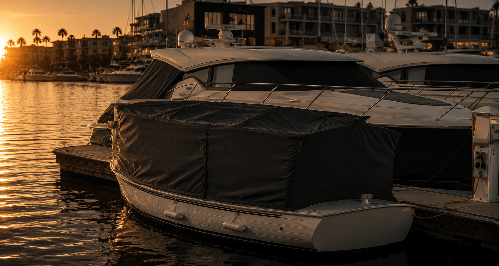 Premium Duffy boat cover at Newport marina — EBR custom marine canvas protection