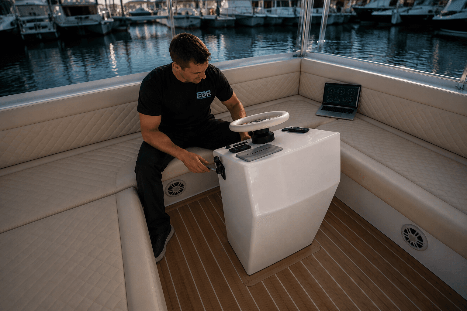 EBR Duffy throttle control service — technician at helm and throttle controls